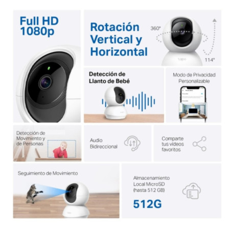 Cámara de Seguridad WiFi PanTilt TC70 - Control de Acceso y Vigilancia 360°
