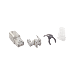 Plug RJ45 Cat6A Blindado, Terminación en Campo, Compatible con Todas las Categorías, Con Clip Protector de Seguro Plug RJ45 Cat6A Blindado, Terminación en Campo, Compatible con Todas las Categorías, Con Clip Protector de Seguro